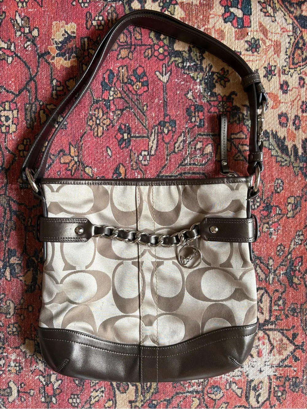 Coach Khaki and Dark Brown Signature Chain Shoulder Bag